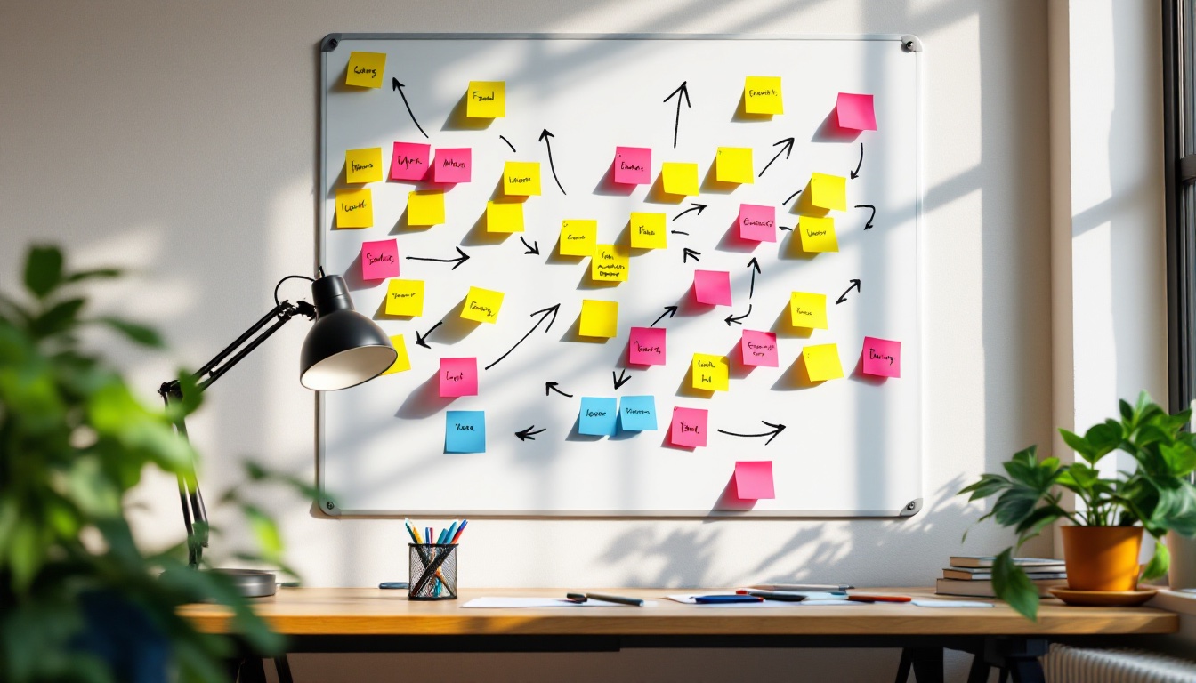 A whiteboard covered in sticky notes and hand-drawn arrows
