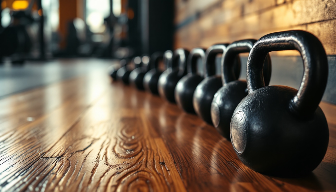 A row of kettlebells lined up on a wooden gym floor