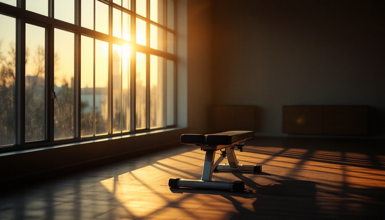 An empty weight bench beside a window at dusk