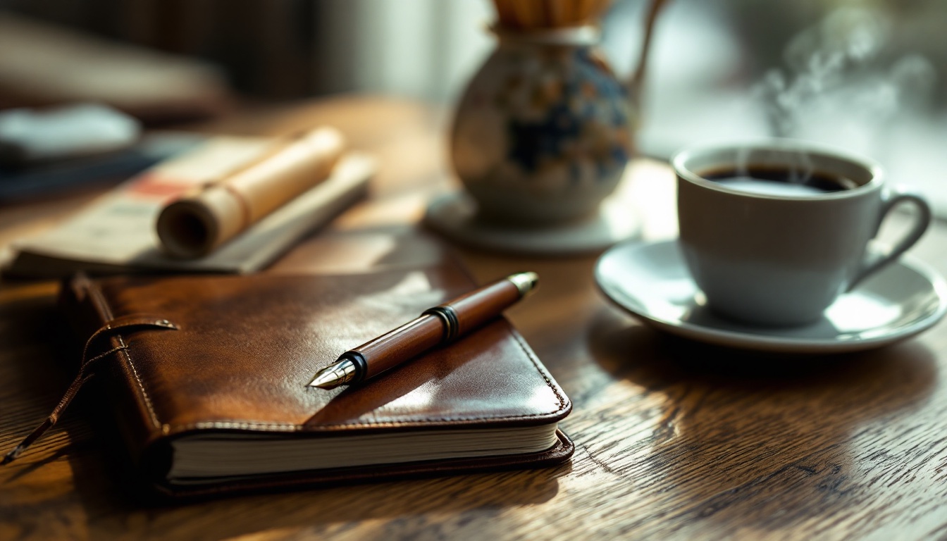 A closed leather notebook and fountain pen beside a coffee on a warm desk