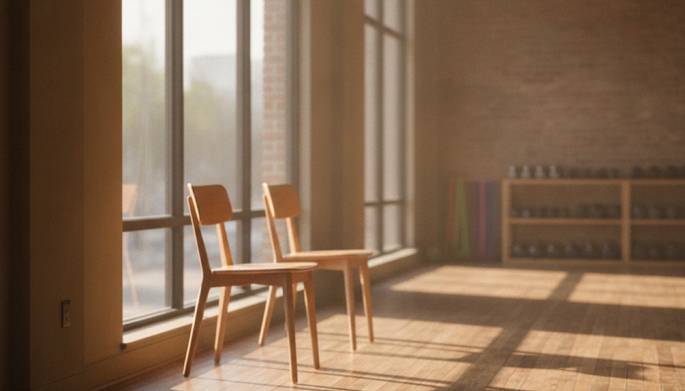 A quiet training studio at golden hour, two chairs left facing each other