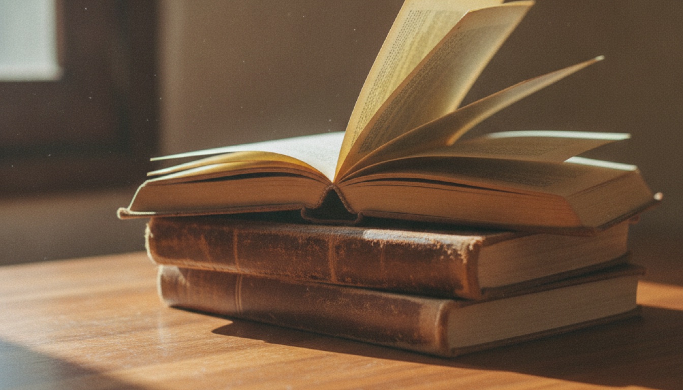 A small stack of well-worn leadership books on a wooden desk
