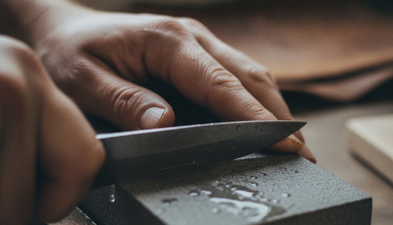Hands sharpening a blade against a wet whetstone in soft light