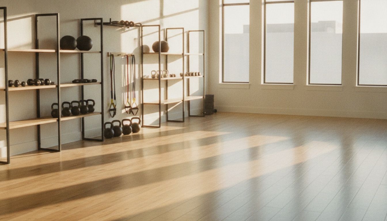 An empty Fitcom training studio in warm morning light