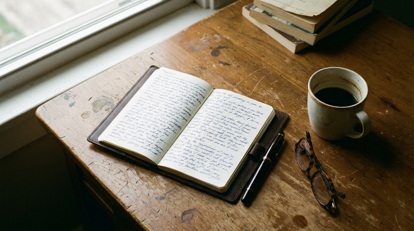 Open notebook with a fountain pen and morning coffee