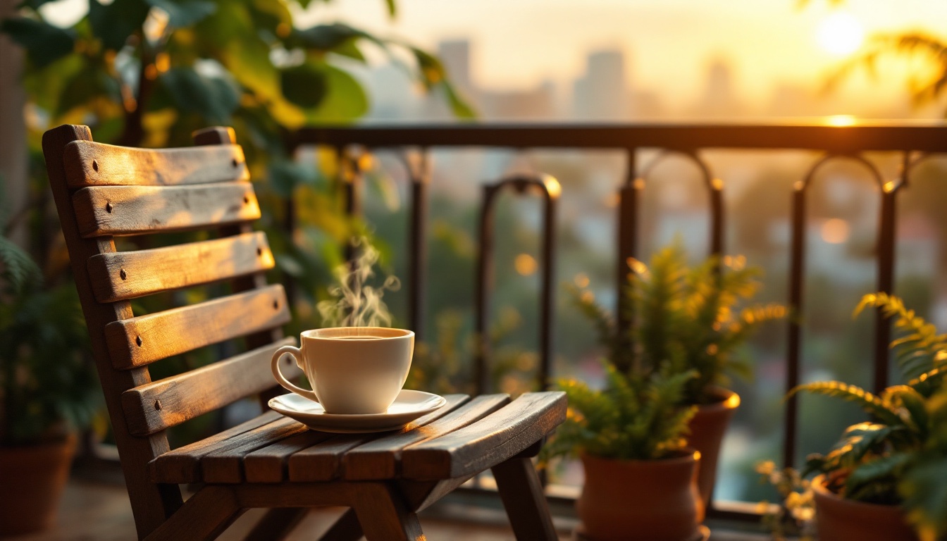 A cup of coffee on a balcony in the morning light