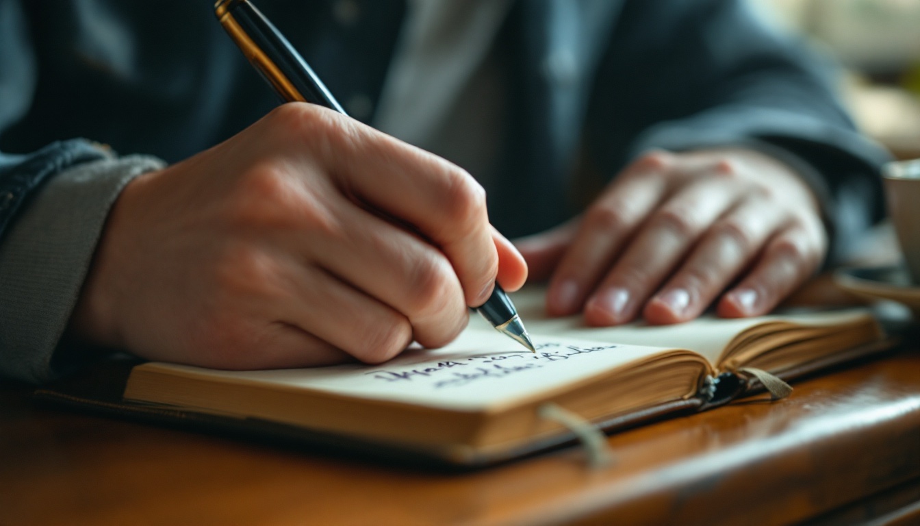 Close-up of a hand mid-stroke writing in a notebook
