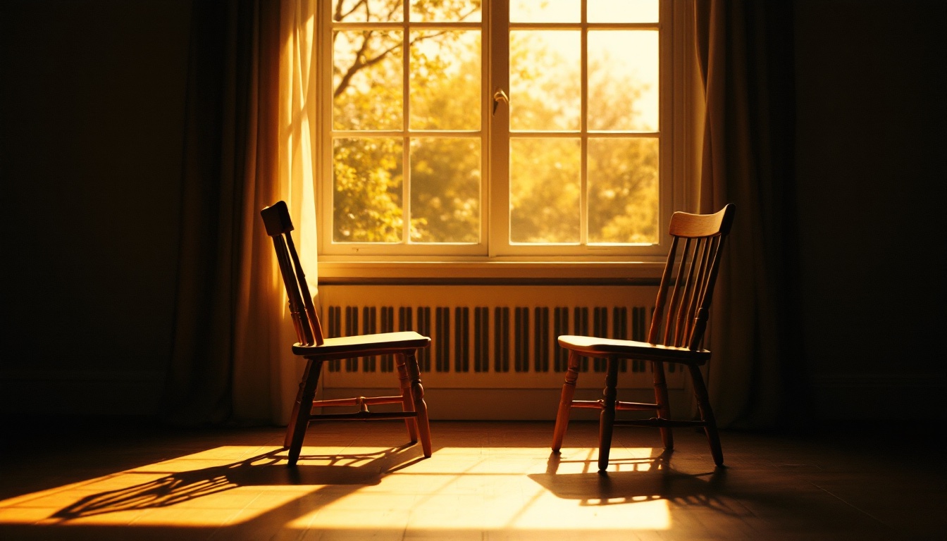 Two simple chairs facing each other by a window in warm light