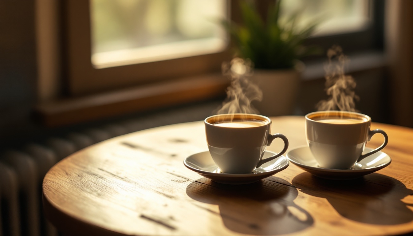 Two cups of coffee set across a small table