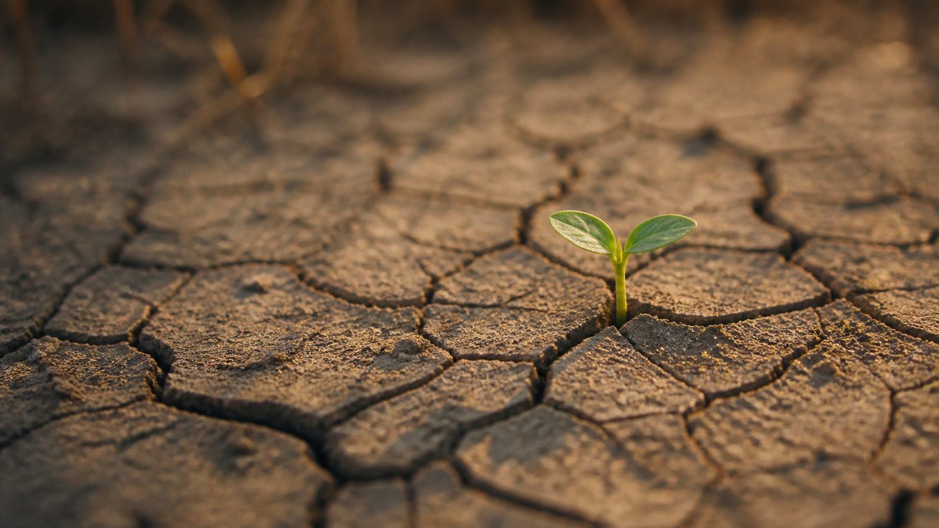A small green seedling pushing up through cracked, dry earth in warm late-afternoon light