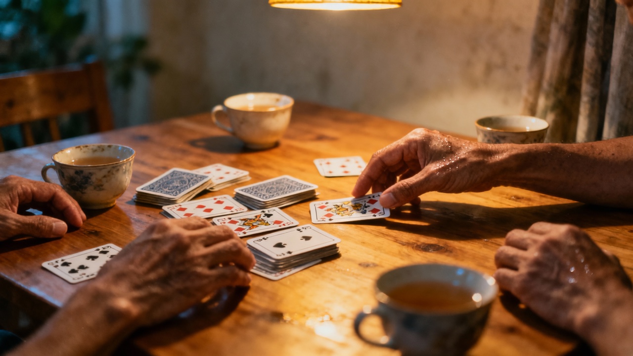 A wooden table in warm evening light, playing cards spread mid-game