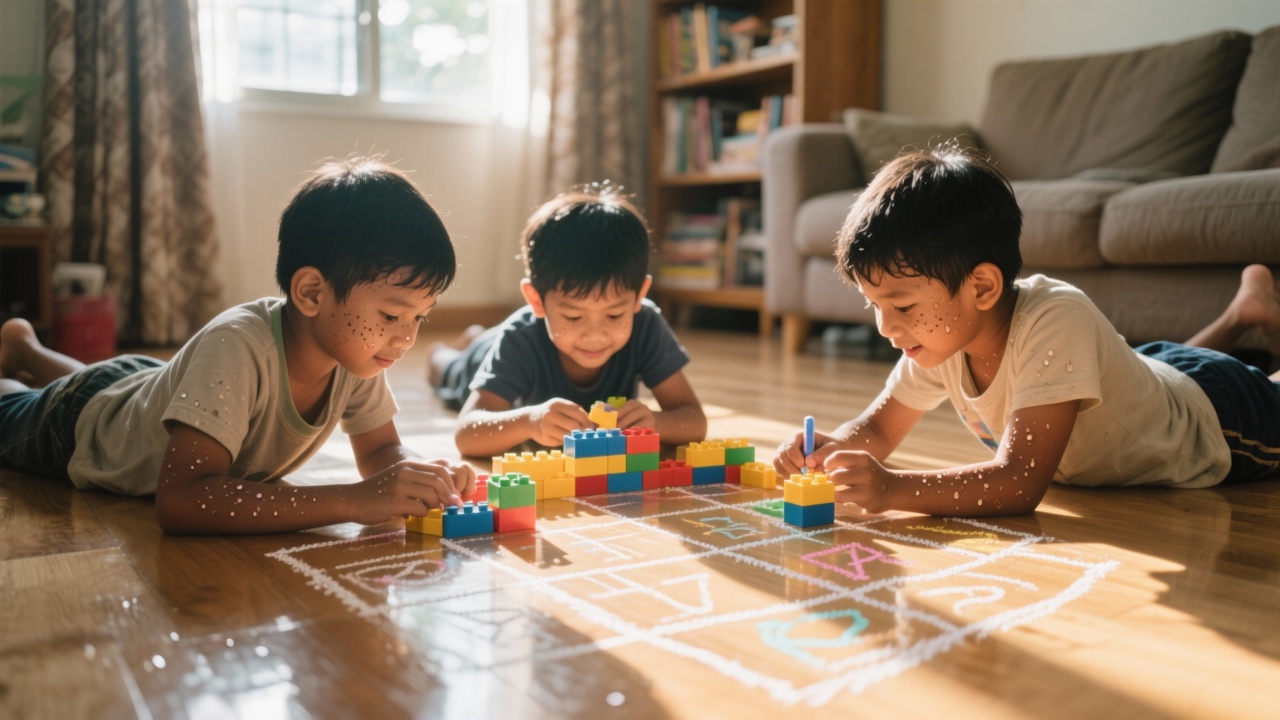 Children absorbed in a made-up game on the floor, warm afternoon light
