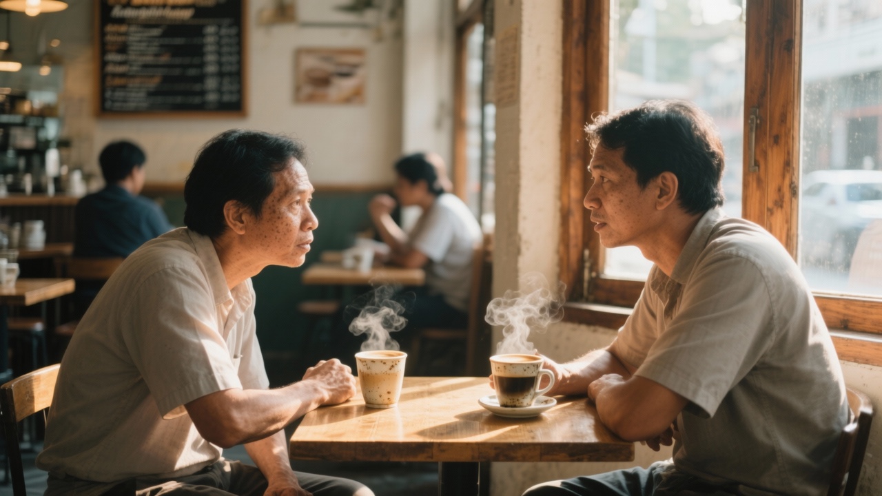 Two people in honest conversation across a small table