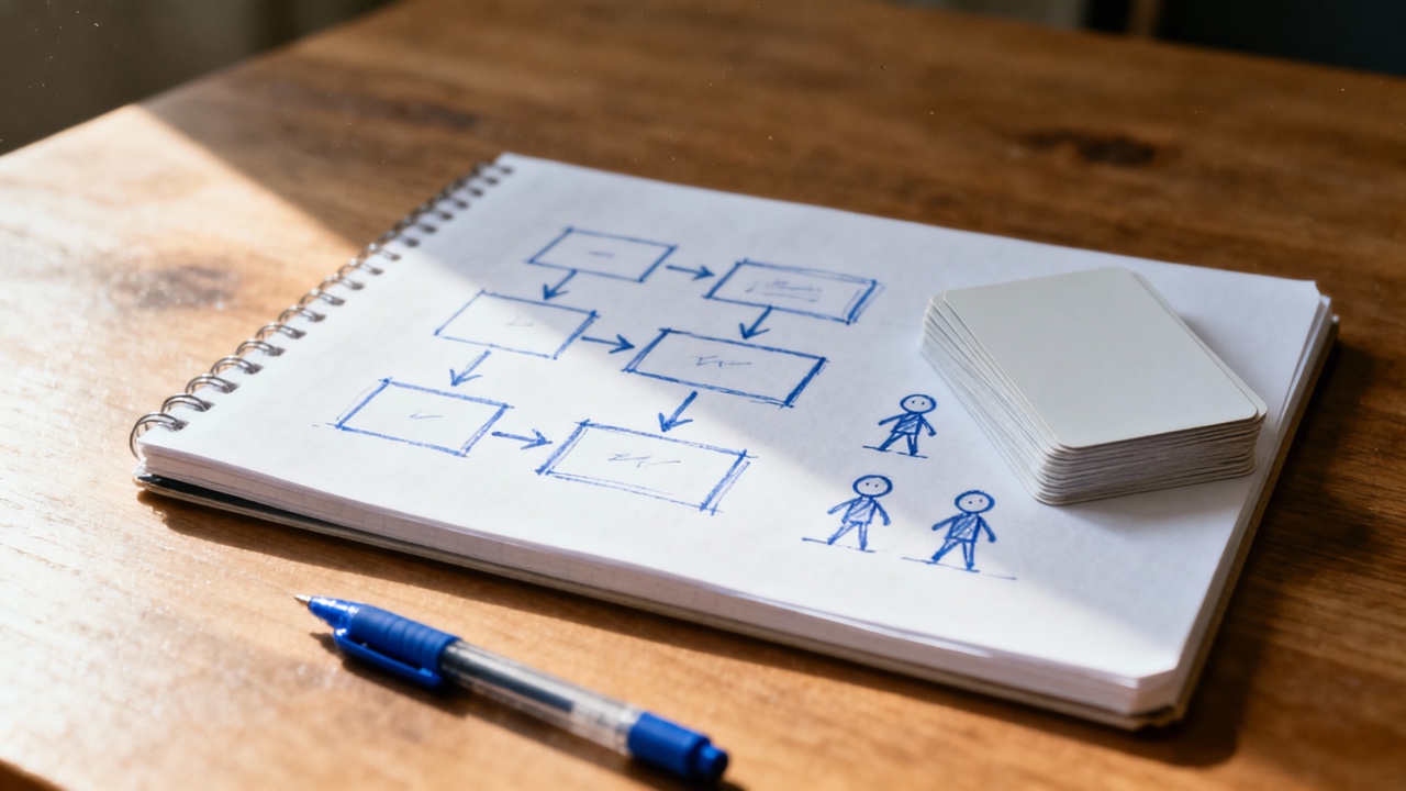 A notebook of hand-drawn game sketches beside a deck of blank cards