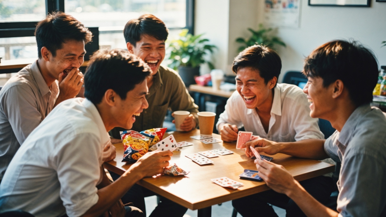 A small team around a table mid-game, leaning in, laughing