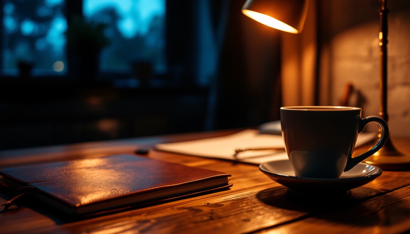 A quiet desk with a notebook, a coffee, and a single lamp at the end of a working day