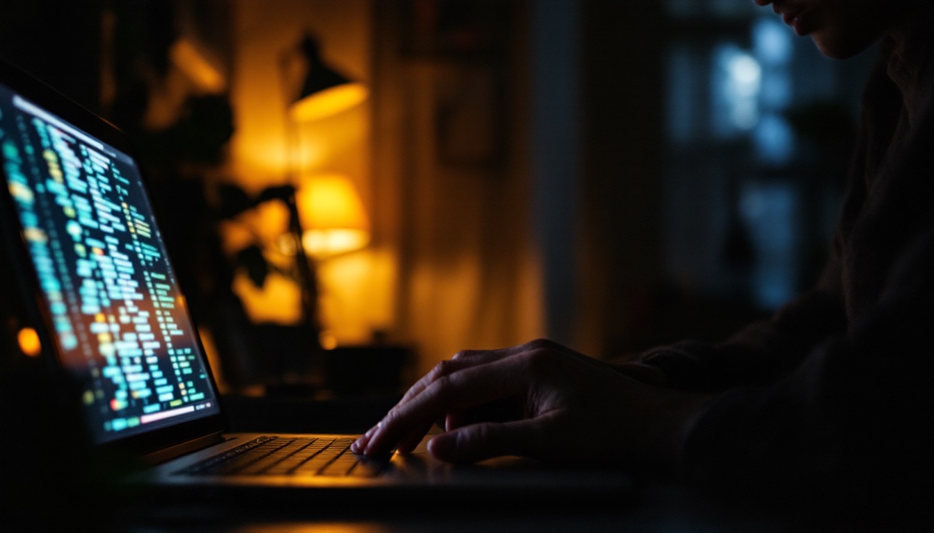 A spreadsheet glowing on a laptop in a dim room, someone sitting back from it