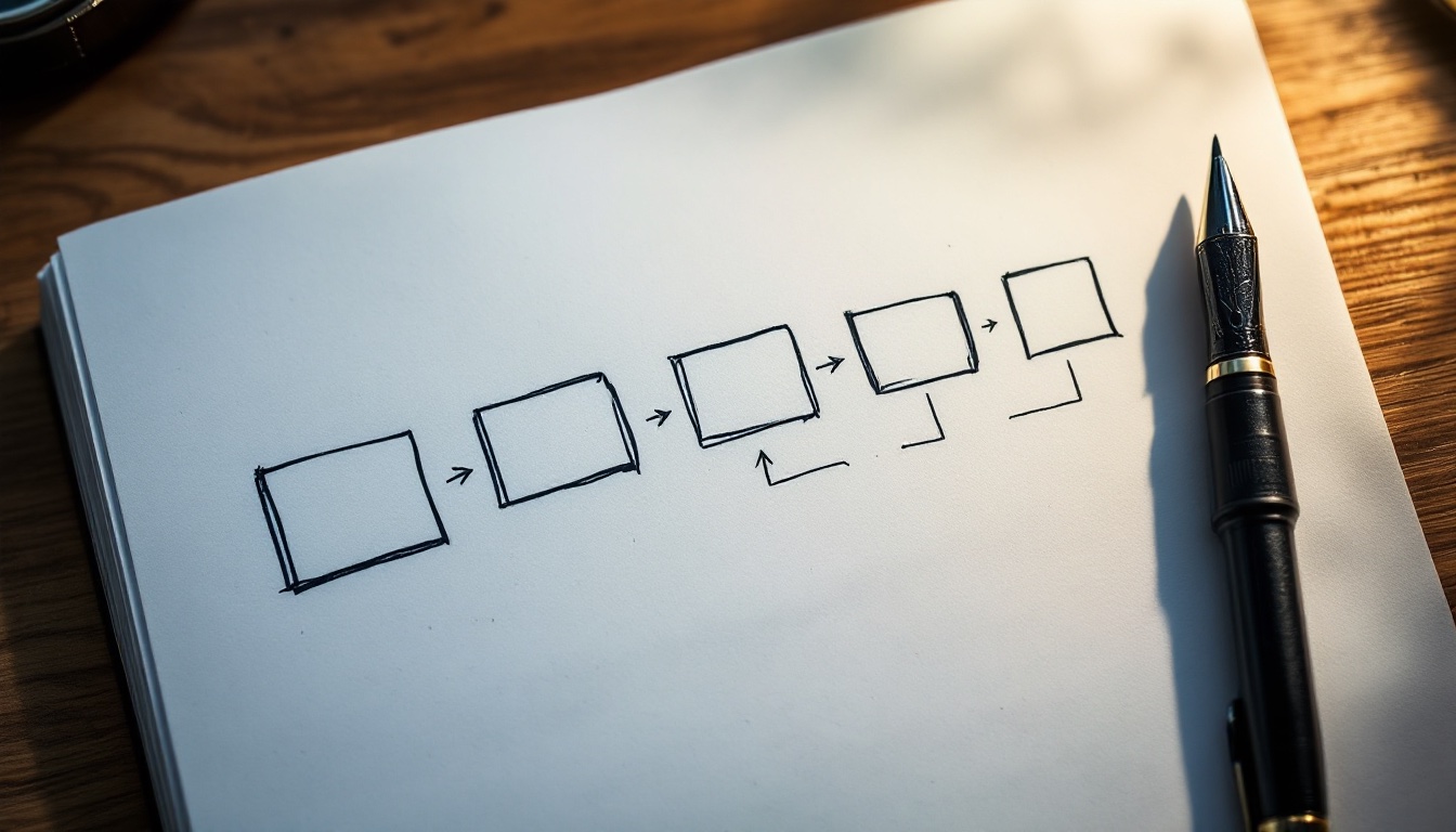 Five simple boxes drawn in a chain on a notebook page