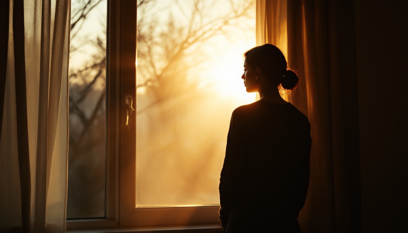 A person standing at a window in early morning light, calm, looking out